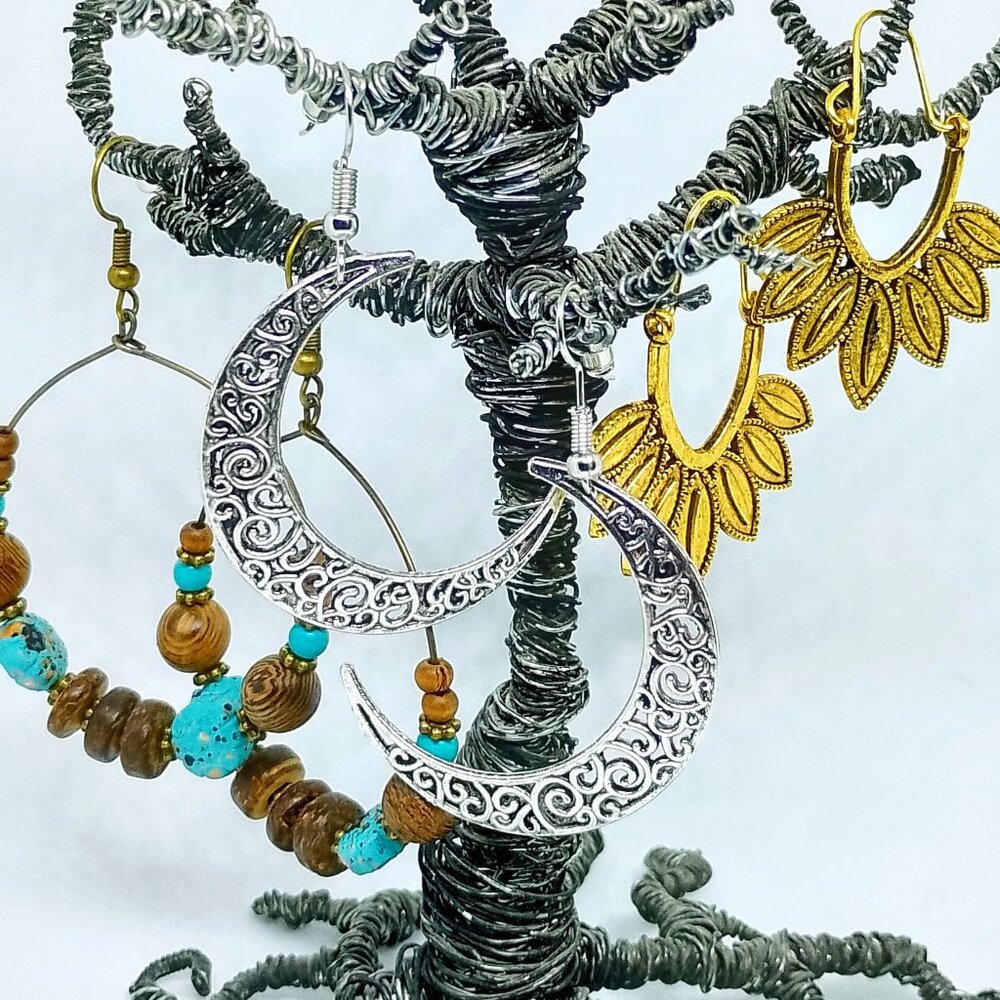 SALE! 3 Pair BOHO EARRINGS, Silvery, Bronze, Blues BLUE BUNNY'S BOHO BAUBLES